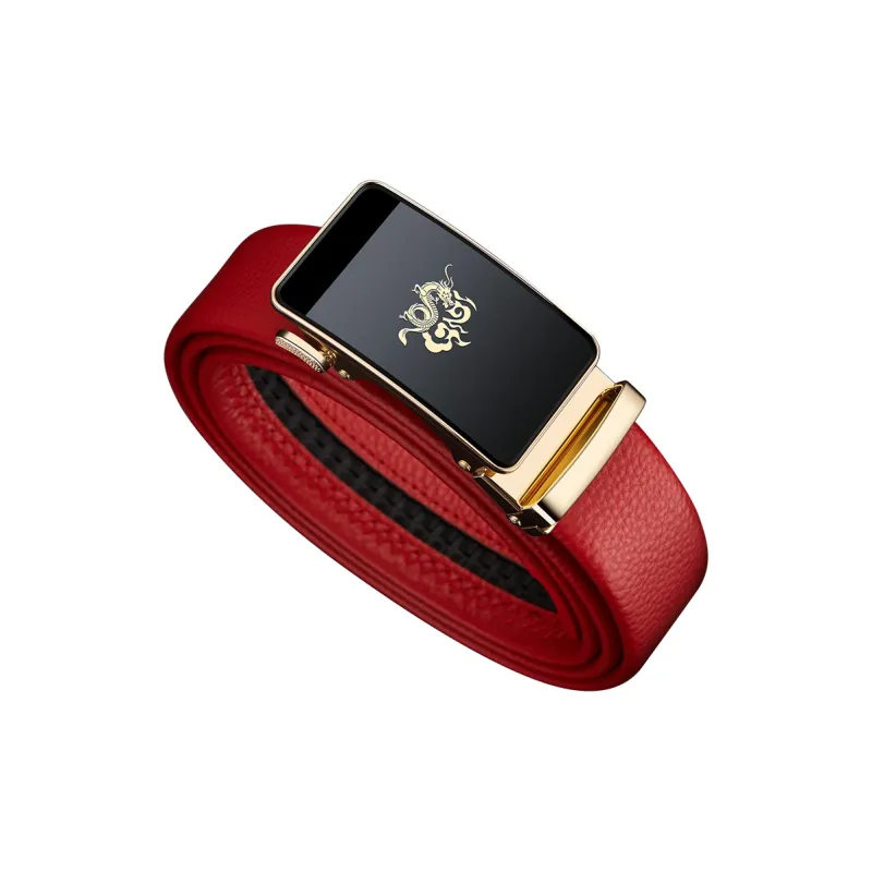 WilliamPOLO Top Grain Cow Leather Leather Belts Men's Gold Tone Lock Red Strap 3.5cm Width-2