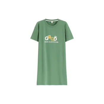 The Story Of The Flower Season Women's Summer Loose Fit Thin Short-Sleeved Nightgown One-Piece Mid-Length Dress Green