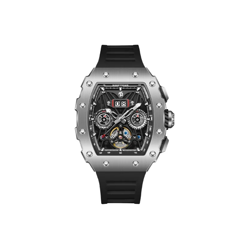 REEF TIGER Aurora Automatic Mechanical Movement Silicone Strap Watch Men's Watches Black Dial-0