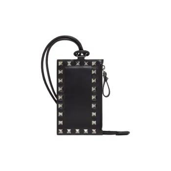 Valentino Rockstud Calfskin Card Holder, Wallet Small Size Men's Black