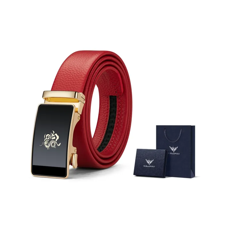 WilliamPOLO Top Grain Cow Leather Leather Belts Men's Gold Tone Lock Red Strap 3.5cm Width-1