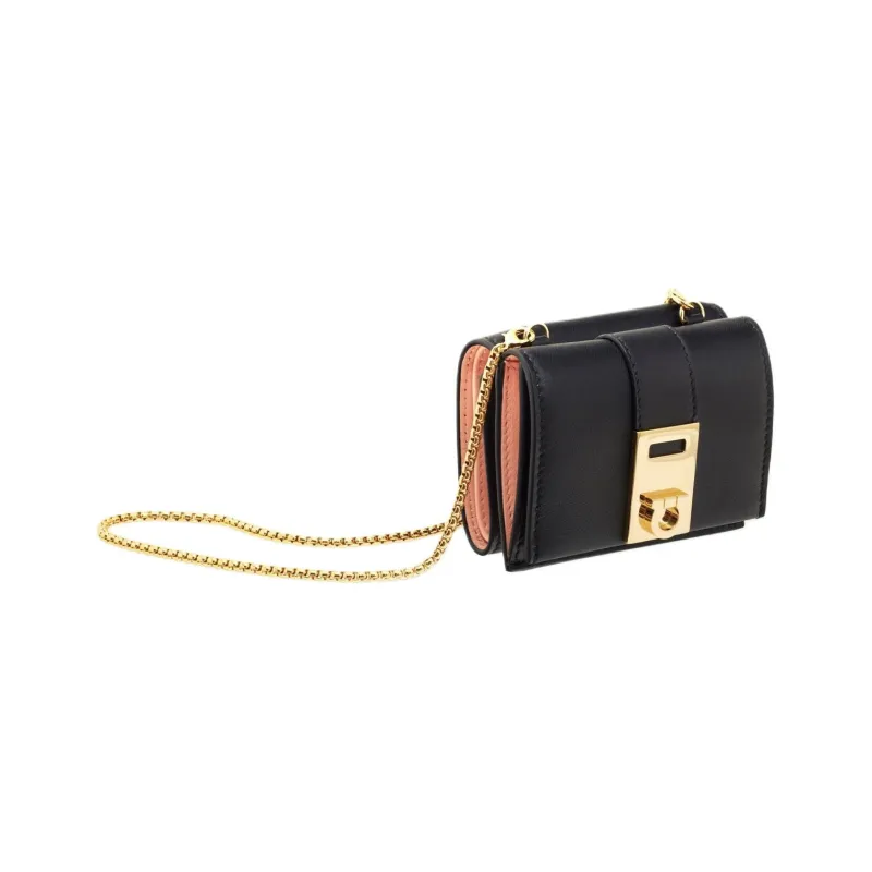 FERRAGAMO GANCINI Calfskin Shoulder Bag Crossbody Bag Wallet Women's Black & Pink-2