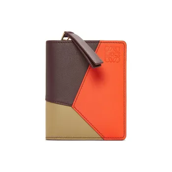 LOEWE Puzzle Calfskin Wallet Women's Deep Burgundy With Bright Orange Accents