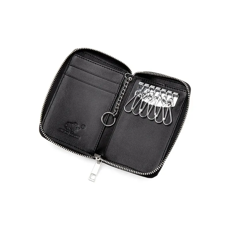 BISON DENIM Cow Leather Coin Purse, Multifunctional Card Holder Bag Regular Men's Black-3