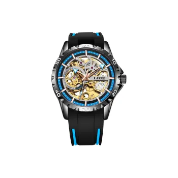 LIGE Automatic Mechanical Movement Silicone Strap Watch Men's Watches Gold Dial LG89113