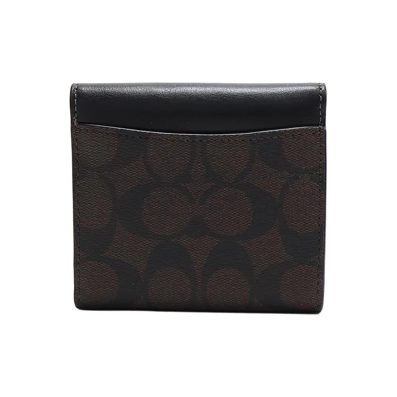 COACH Trifold Wallet Canvas With Leather Card Holder, Wallet Small Size Women's Brown & Black-4