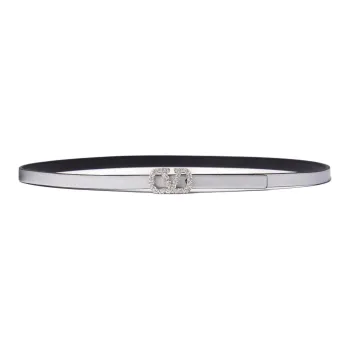 Valentino Logo Design, Smooth Buckle Leather Belts Women's Silver Width 1CM