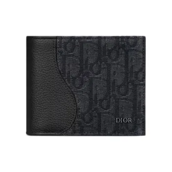DIOR Saddle Oblique Jacquard Fabric Patchwork Cow Leather Wallet Men's Black
