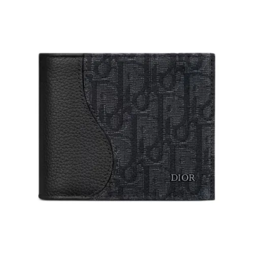 DIOR Saddle Oblique Jacquard Fabric Patchwork Cow Leather Wallet Men's Black