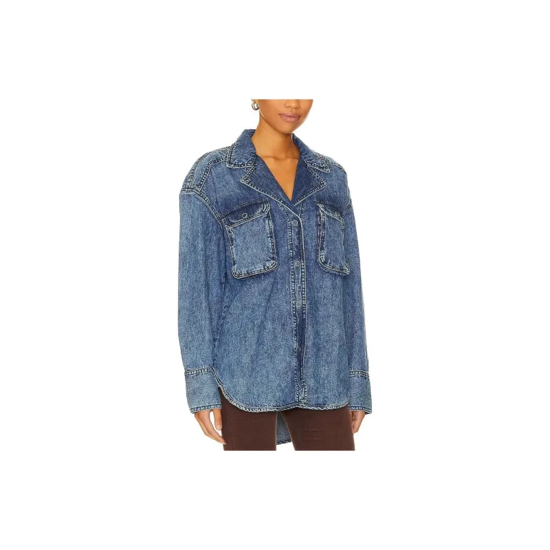FREE PEOPLE Izzie Cargo Denim Shirt Denim Jacket Women's Blue-2