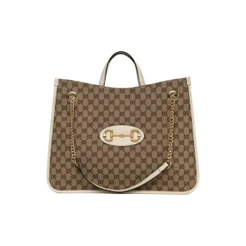 GUCCI Calfskin Tote Bag Shopping Bag Handbag Large Size Women's Ebony & White