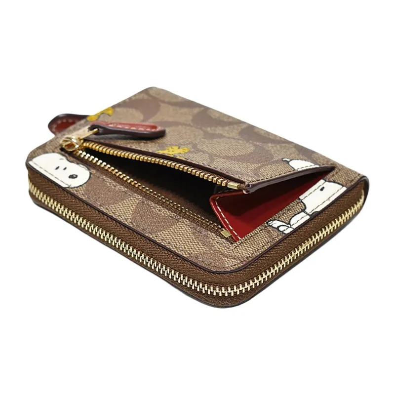 COACH Peanuts Snoopy Collaboration Zip Around Canvas With Leather Card Holder Wallet Small Size Men's Khaki-3