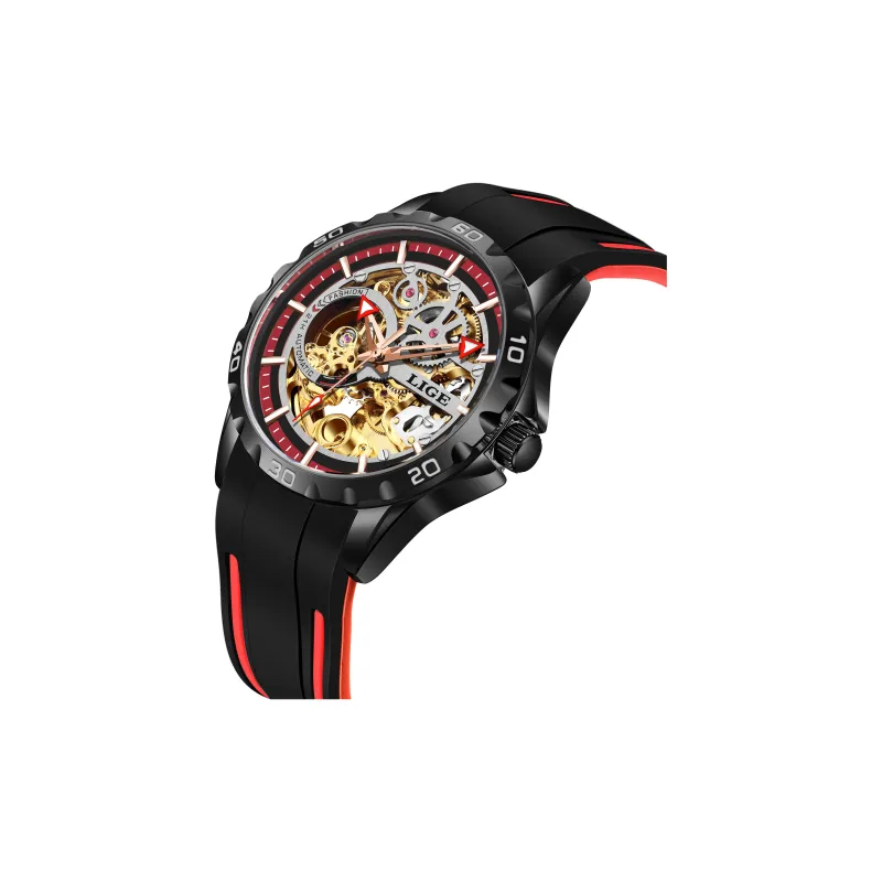 LIGE Automatic Mechanical Movement Silicone Strap Watch Men's Watches Gold Dial LG89113-1