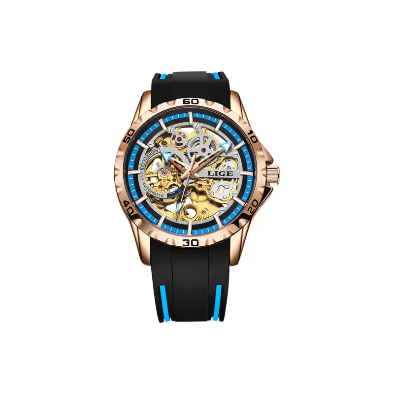LIGE Automatic Mechanical Movement Silicone Strap Watch Men's Watches Gold Dial LG89113-2