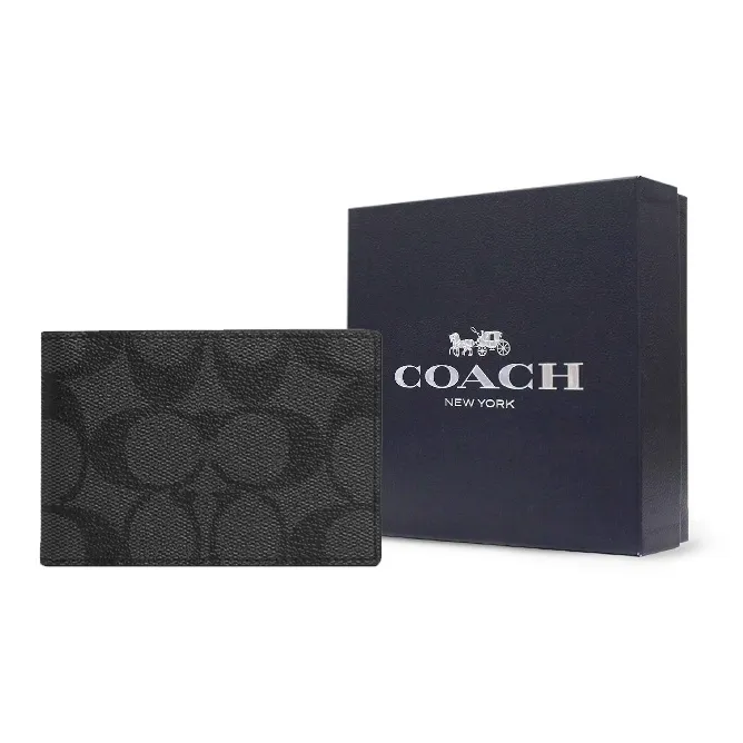 COACH Billfold Wallet Coated Canvas With Calfskin Card Slot Document Set Coin Purse Wallet Unisex Black-5