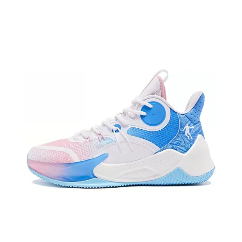 QIAODAN Anti Slip Wear Resistant High Top Basketball Shoes Men's White Blue