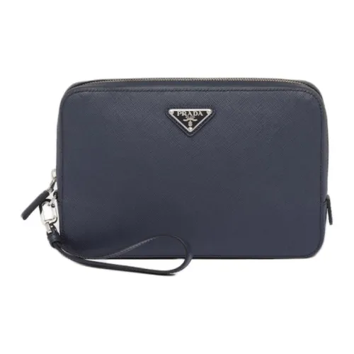 PRADA Saffiano Leather Clutch Men's Sea Blue
