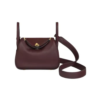 HERMES Lindy Swift Leather Handbag Shoulder Bag Crossbody Bag Mini Women's Saddle Red With Sapphire Blue