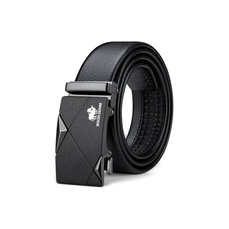 BISON DENIM New Arrival Business Casual Style Top Grain Cow Leather Automatic Buckle Belt Men's Width 3.5cm-0