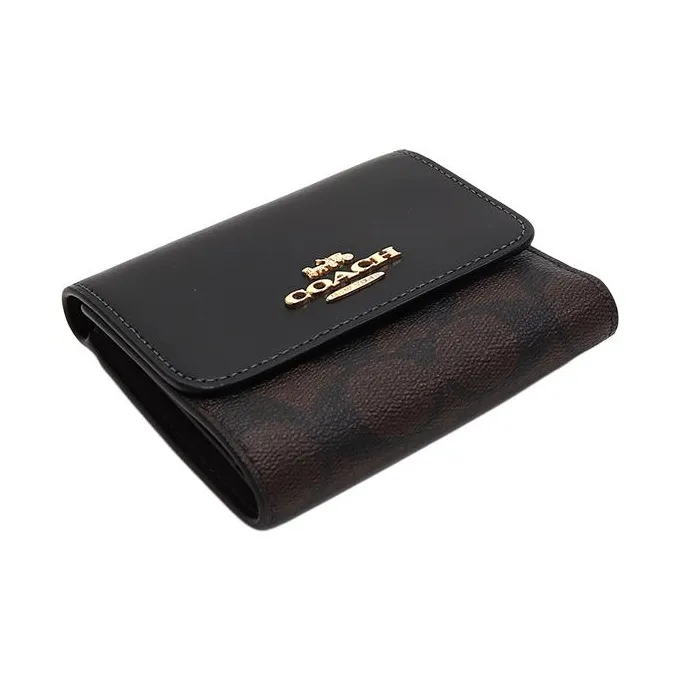 COACH Trifold Wallet Canvas With Leather Card Holder, Wallet Small Size Women's Brown & Black-2