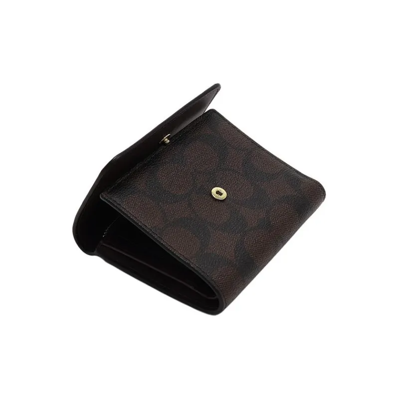 COACH Trifold Wallet Canvas With Leather Card Holder, Wallet Small Size Women's Brown & Black-3