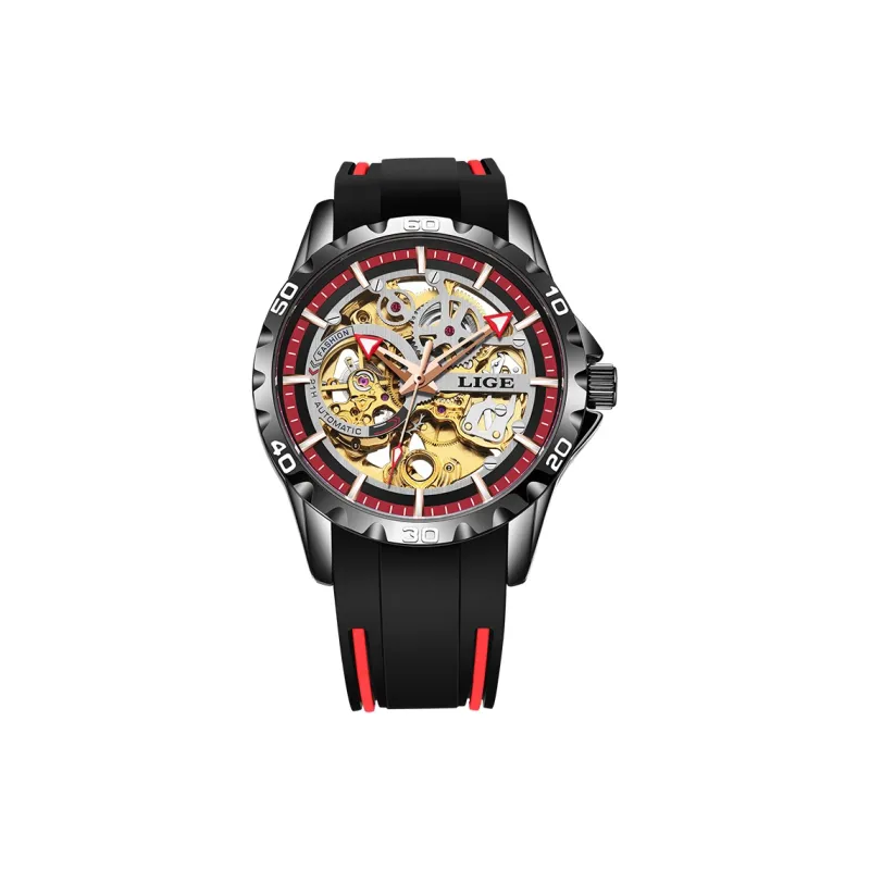 LIGE Automatic Mechanical Movement Silicone Strap Watch Men's Watches Gold Dial LG89113-0