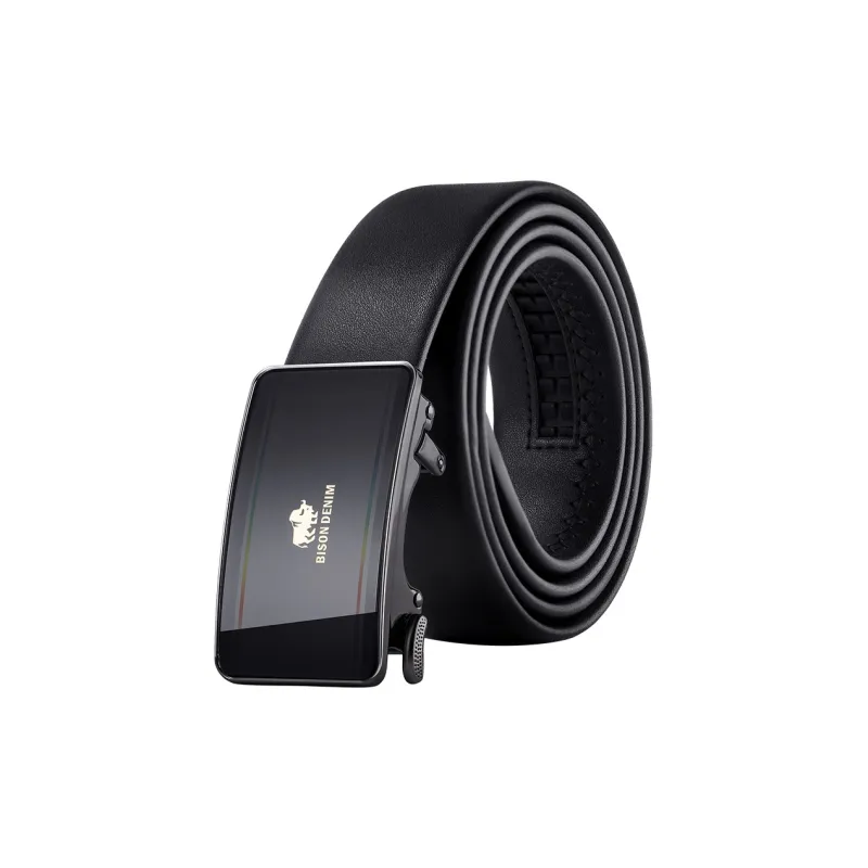 BISON DENIM Automatic Buckle Casual Men's Belt Youth Mirror Finish Gold LOGO Leather Belts Men's Width 3.5cm-3