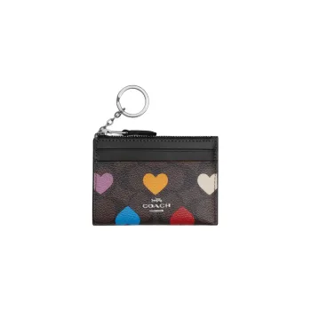 COACH Mini Id Skinny Canvas With Leather Document Bag, Card Holder Mini Women's Silver & Brown Black Multicolor