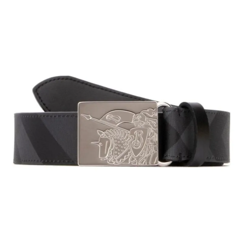 Burberry Carving Pattern Smooth Buckle Leather Belts Men's Black Width 3.5CM-0