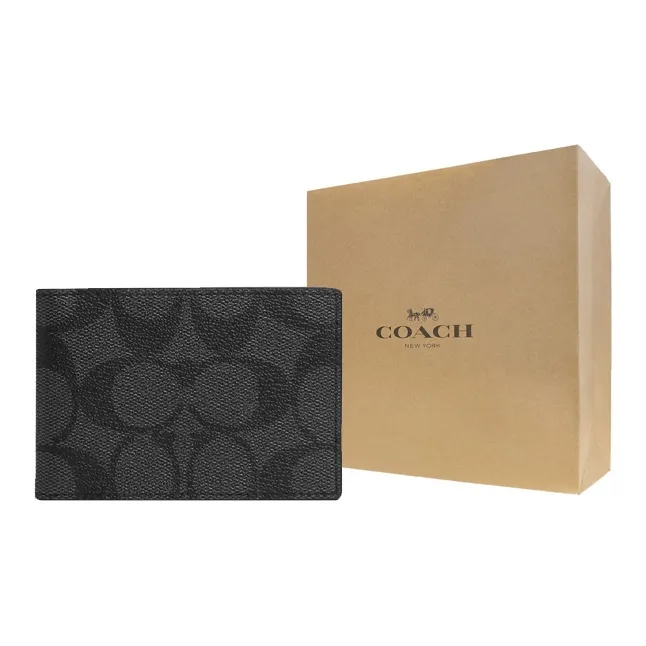 COACH Billfold Wallet Coated Canvas With Calfskin Card Slot Document Set Coin Purse Wallet Unisex Black-4