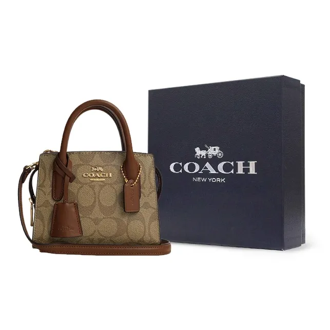 COACH Coated Canvas With Smooth Leather Tote Bag Shopping Bag Handbag Mini Women's Khaki-8