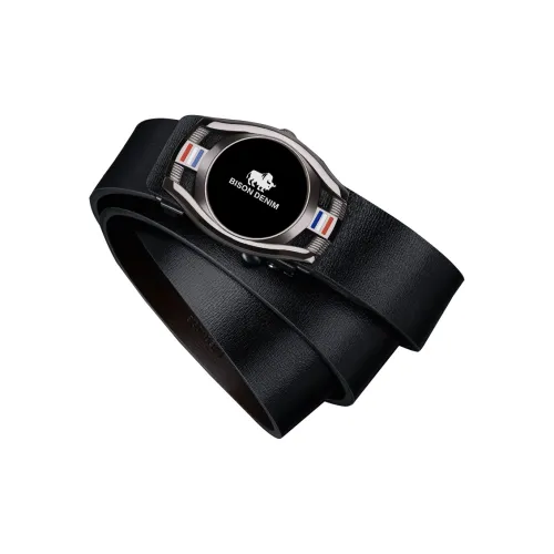 BISON DENIM Men's Fashion Casual Wind Belt Cow Split Leather Leather Belts Men's Black 3.2cm
