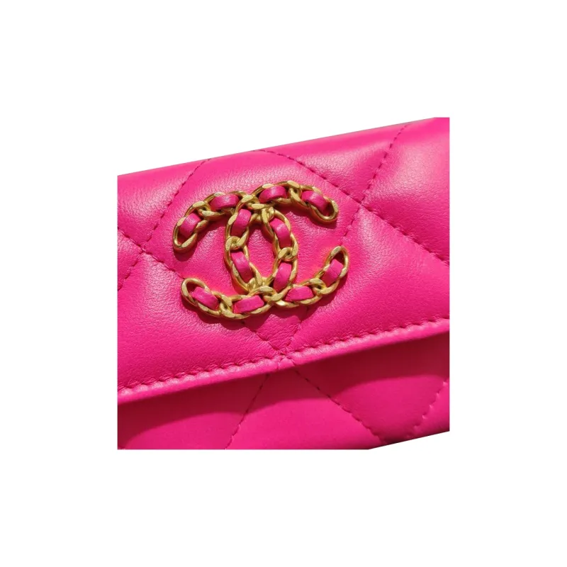 CHANEL 19Bag Bright Lambskin Card Holder Women's Barbie Pink-1