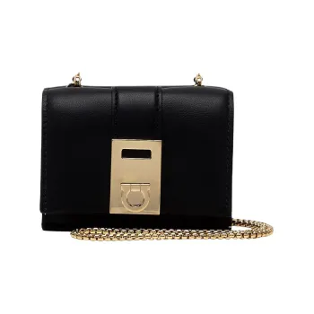 FERRAGAMO GANCINI Calfskin Shoulder Bag Crossbody Bag Wallet Women's Black & Pink