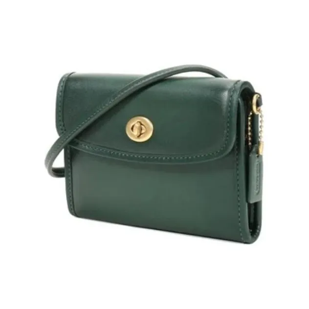 COACH Turnlock Leather Coin Purse Crossbody Wallet Women's Green-2
