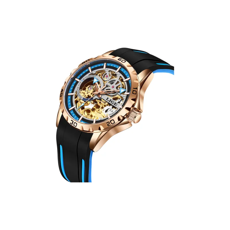 LIGE Automatic Mechanical Movement Silicone Strap Watch Men's Watches Gold Dial LG89113-3