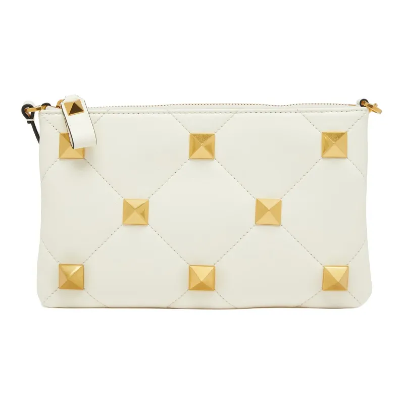 Valentino ROMAN STUD Lambskin Nappa Leather Clutch Handbag Shoulder Bag Women's Ivory White-0