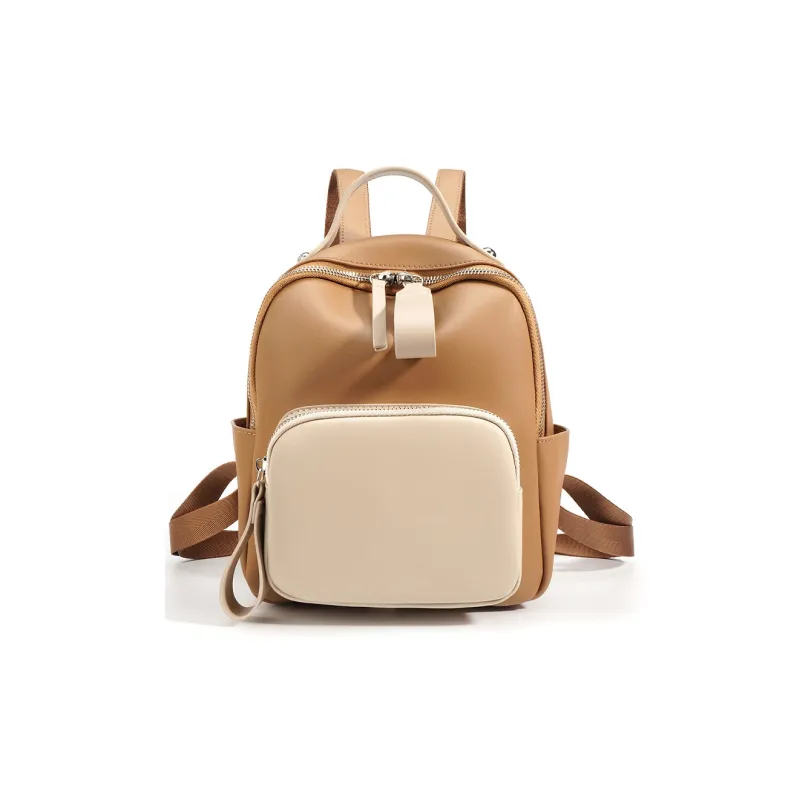 NIUMJ Cow Leather Small Backpack Regular Women's Coffee & White, Apricot & Coffee, Black, Beige Coffee-3