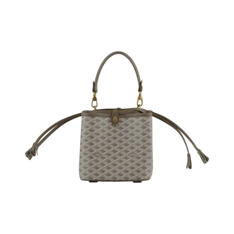 POURCHET Canvas With Leather Bucket Bag, Shoulder Bag, Crossbody Bag, Handbag Small Size Women's Multicolor-12
