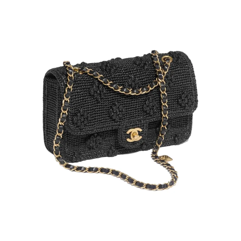 CHANEL Raffia & Gold Metal Effect Woven Shoulder Bag, Crossbody Bag Women's Black-1