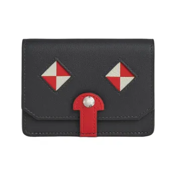 HERMES Swift Leather Pongee Mysore Goat Skin Card Holder Wallet Women's Navy Blue With Red Pepper And White Mushroom