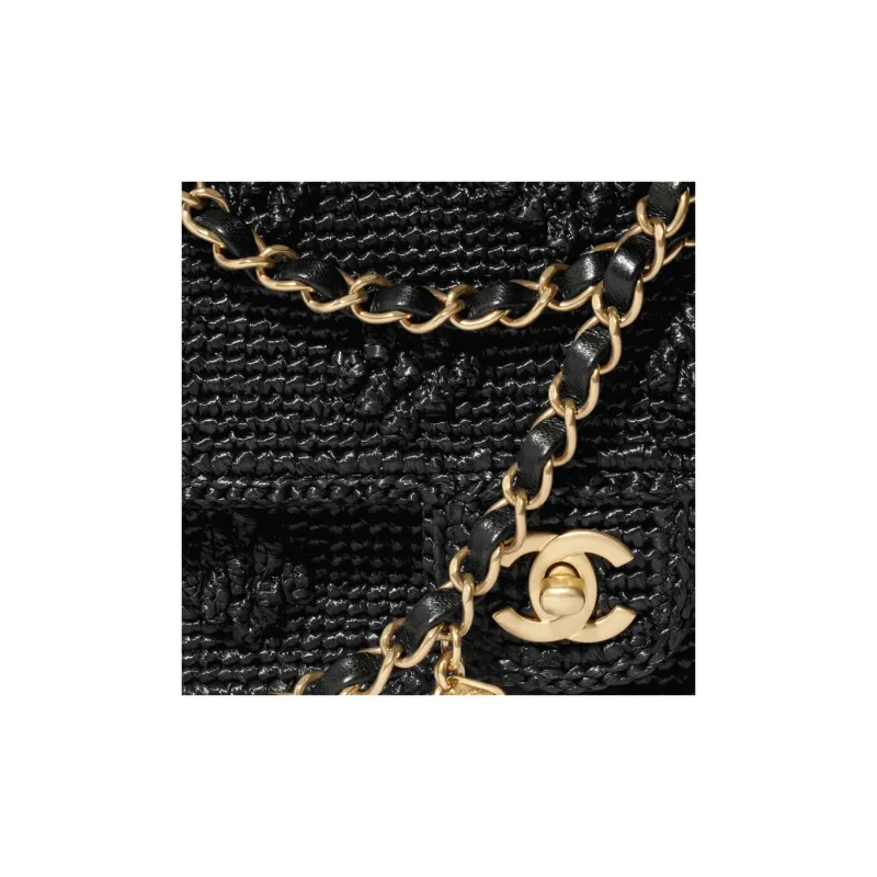 CHANEL Raffia & Gold Metal Effect Woven Shoulder Bag, Crossbody Bag Women's Black-3