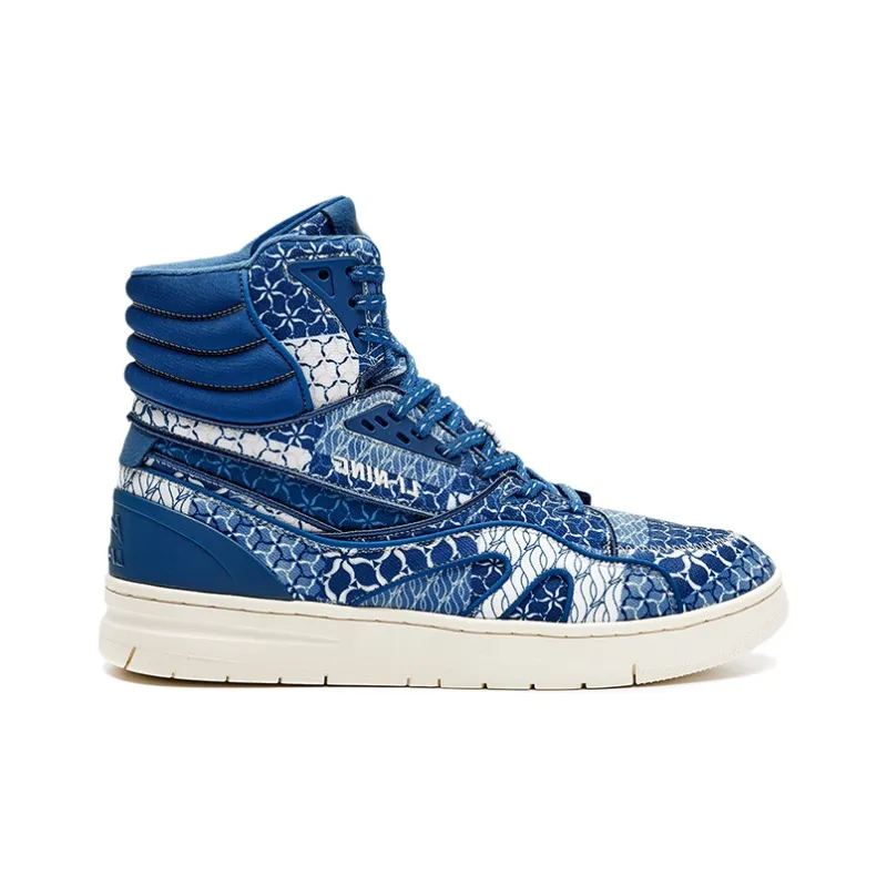 LI NING 1990 Coverage Wear Resistant High Top Skateboard Shoes Men's Strait Blue-1