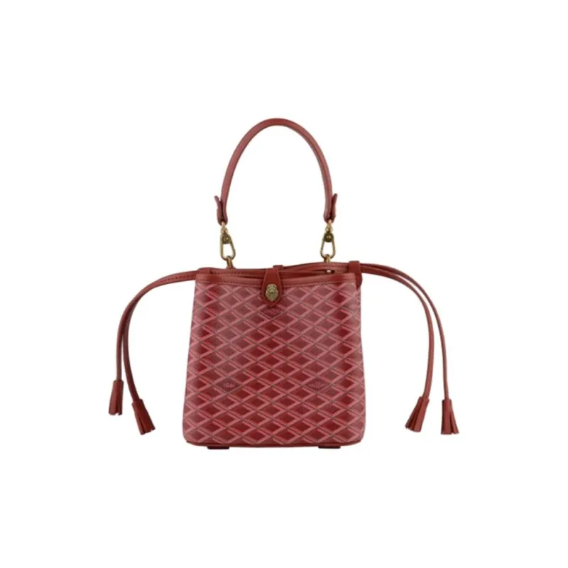 POURCHET Canvas With Leather Bucket Bag, Shoulder Bag, Crossbody Bag, Handbag Small Size Women's Multicolor-2