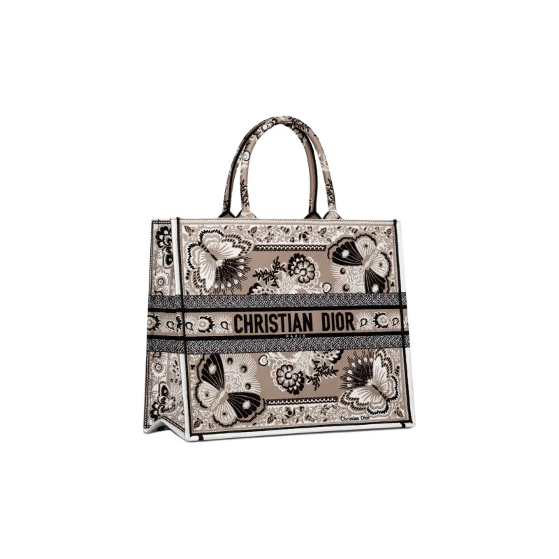 DIOR Embroidery Tote Bag, Shopping Bag, Shoulder Bag, Handbag Large Size Women's Beige Multicolor Butterfly-1