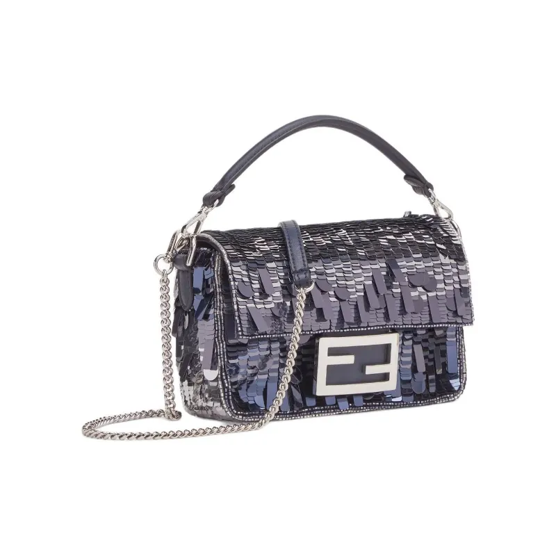 FENDI Baguette Leather Shoulder Bag Crossbody Bag Handbag Mini Women's Blue-1