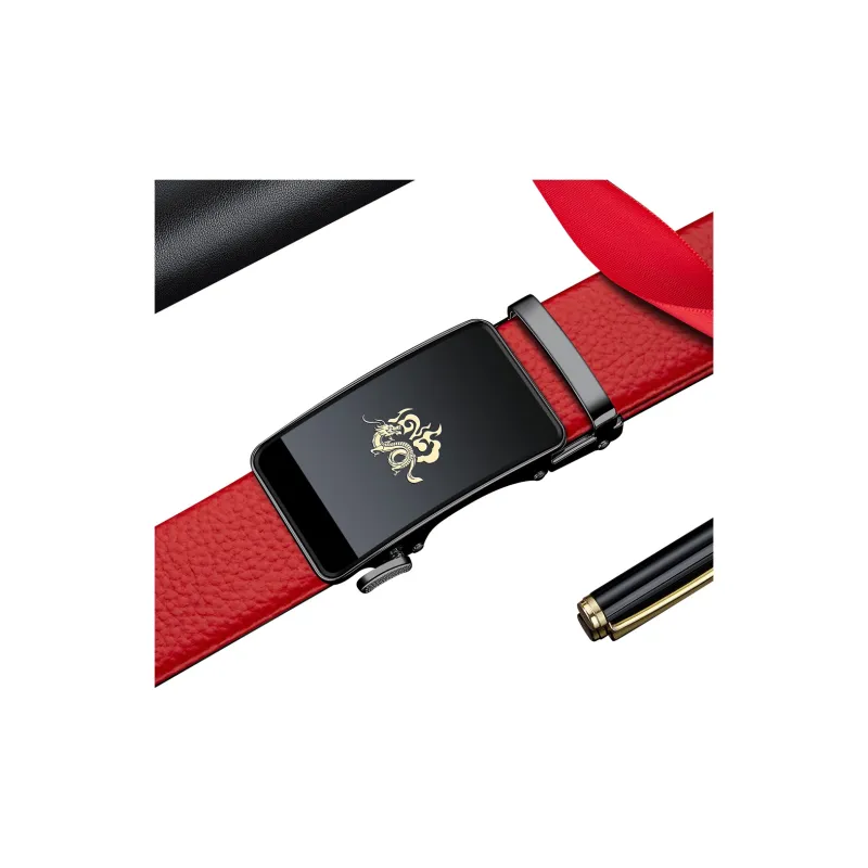 WilliamPOLO Top Grain Cow Leather Leather Belts Men's The Buckle Is All Red Belt Width 3.5cm-4