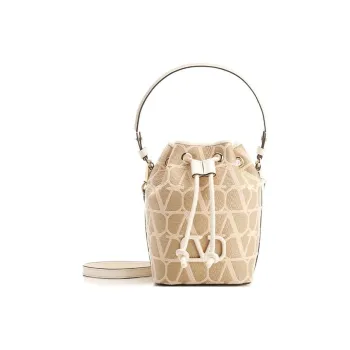 Valentino Cotton Bucket Bag, Portable Crossbody Bag, Shoulder Bag Mini Women's Natural Color With Ivory