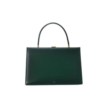 CELINE Clasp Calfskin Handbag Shoulder Bag Medium Size Women's Dark Green