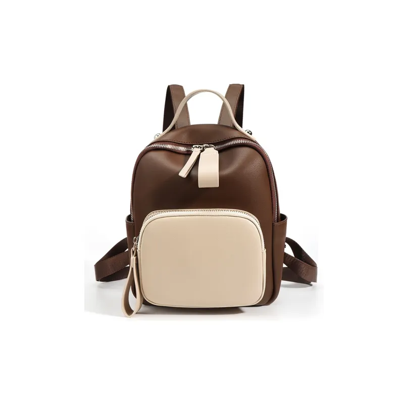 NIUMJ Cow Leather Small Backpack Regular Women's Coffee & White, Apricot & Coffee, Black, Beige Coffee-0